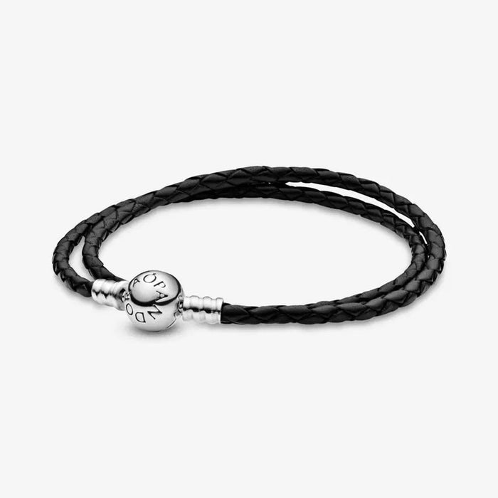Pandora Moments Round Clasp Blue Braided Leather Bracelet, Sterling silver