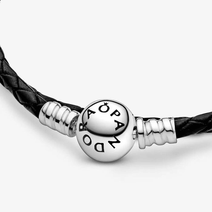 Amazon.com: Pandora Moments Double Woven Leather Bracelet with Sterling  Silver Clasp - Compatible Moments Charms - Charm Bracelet for Women - Gift  for Her - Black, 13.8