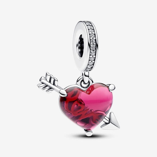 PANDORA : Red Heart & Arrow Murano Glass Dangle Charm in Sterling Silver - PANDORA : Red Heart & Arrow Murano Glass Dangle Charm in Sterling Silver