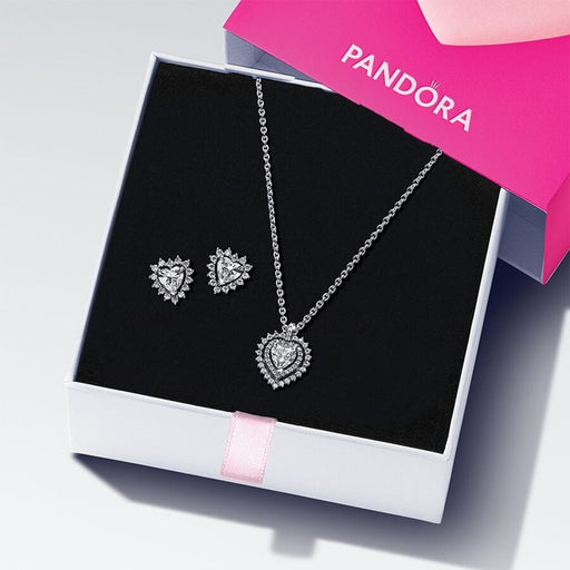 PANDORA : Sparkling Double Heart Halo Jewelry Gift Set - Sterling Silver - PANDORA : Sparkling Double Heart Halo Jewelry Gift Set - Sterling Silver