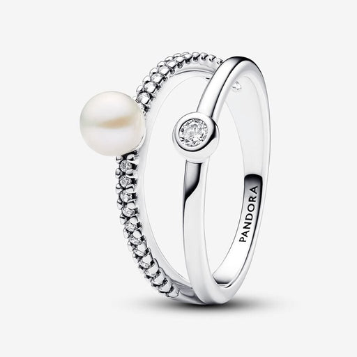 PANDORA : Treated Freshwater Cultured Pearl & Pavé Double Band Ring - Sterling Silver - PANDORA : Treated Freshwater Cultured Pearl & Pavé Double Band Ring - Sterling Silver