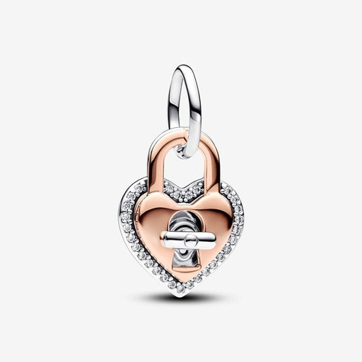 PANDORA : Two-tone Twistable Heart Padlock Double Dangle Charm - Sterling silver and 14k Rose gold-plated unique metal blend - PANDORA : Two-tone Twistable Heart Padlock Double Dangle Charm - Sterling silver and 14k Rose gold-plated unique metal blend