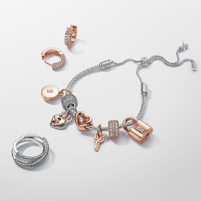 PANDORA : Two-tone Twistable Heart Padlock Double Dangle Charm - Sterling silver and 14k Rose gold-plated unique metal blend - PANDORA : Two-tone Twistable Heart Padlock Double Dangle Charm - Sterling silver and 14k Rose gold-plated unique metal blend