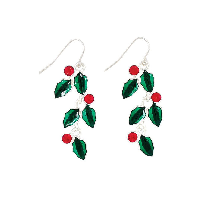 Periwinkle by Barlow : Red Crystals and Green Leaves - Earrings - Periwinkle by Barlow : Red Crystals and Green Leaves - Earrings