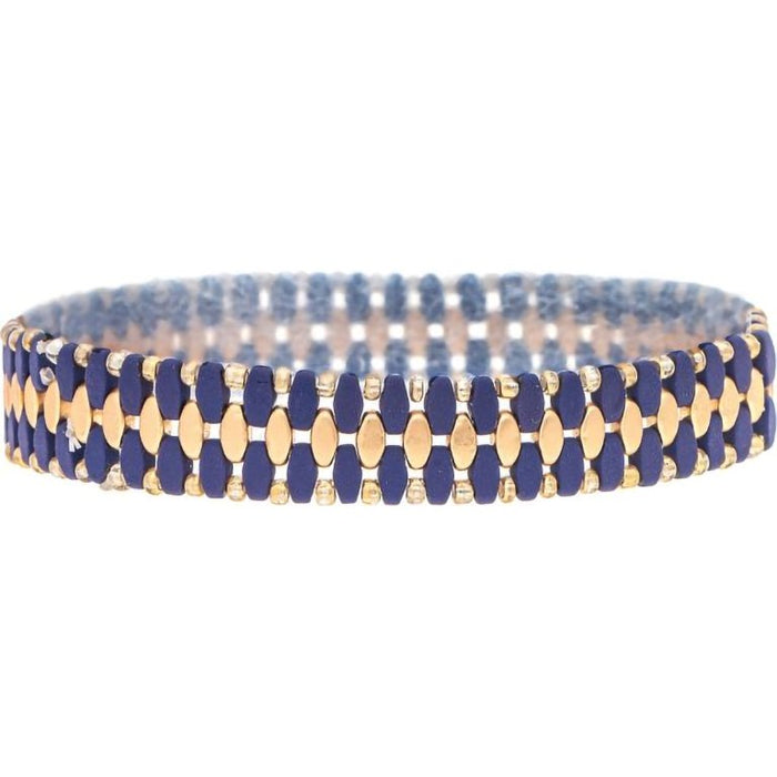 Rain : Gold Dark Blue Woven Bead Band Bracelet - Rain : Gold Dark Blue Woven Bead Band Bracelet
