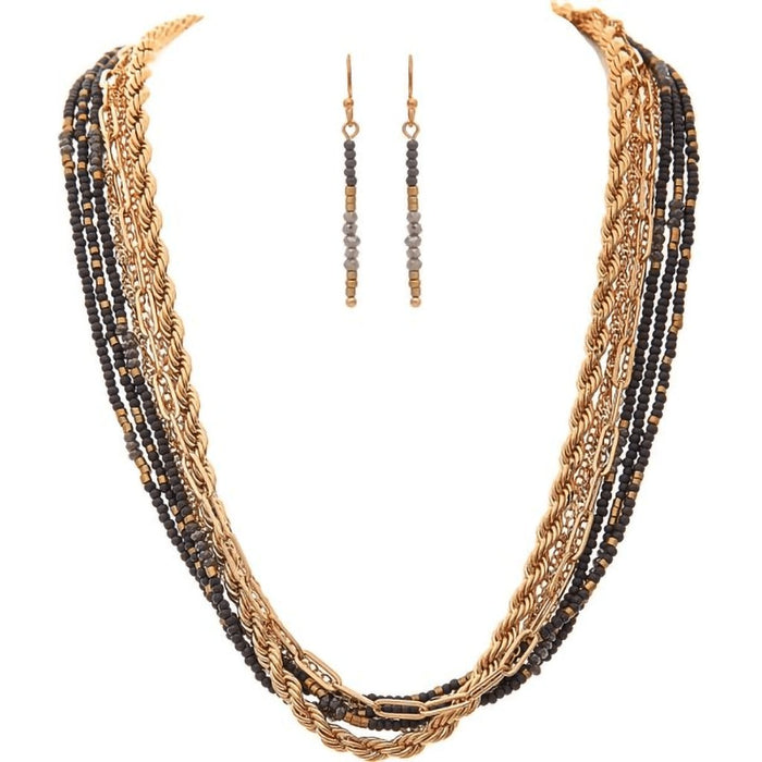 Rain : Gold Grey Bead Layered Chains Necklace Set -