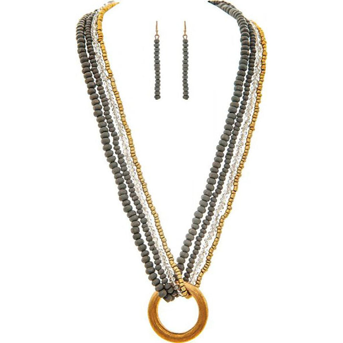 Rain : Gold Ring Grey Bead Layered Necklace Set -