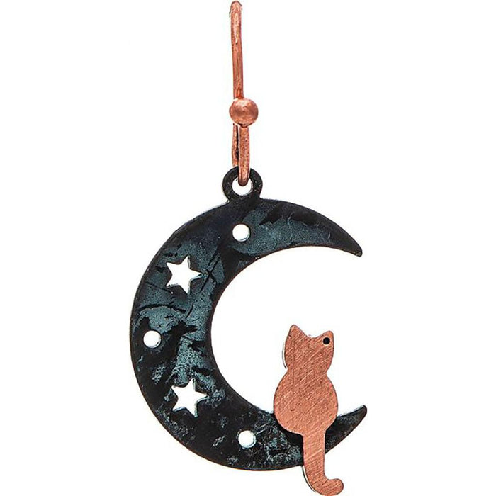 Rain : Patina Copper Brass Cat In The Moon Earrings -