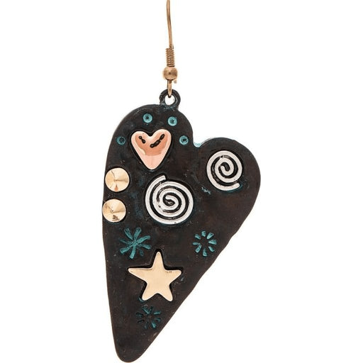 Rain : Patina Multi Stamped Heart Mosaic Earrings -