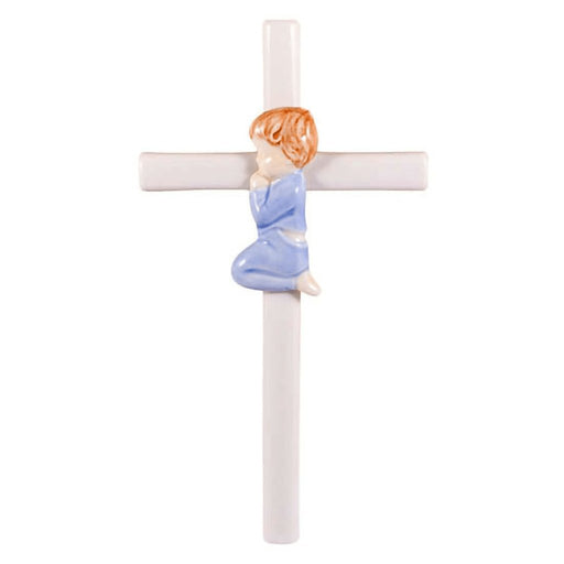 Roman : Hand Painted Glazed White Porcelain Praying Boy Cross -