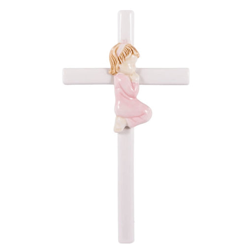 Roman : Hand Painted Glazed White Porcelain Praying Girl Cross -