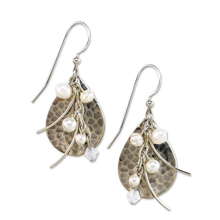 Silver Forest Earrings - Hammered Silver Crystal Beads Teardrop Earrings -