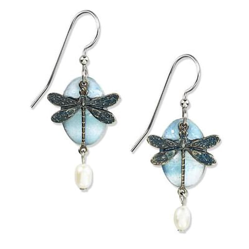 Silver Forest Earrings - Silver Blue Dragonfly White Bead - Silver Forest Earrings - Silver Blue Dragonfly White Bead
