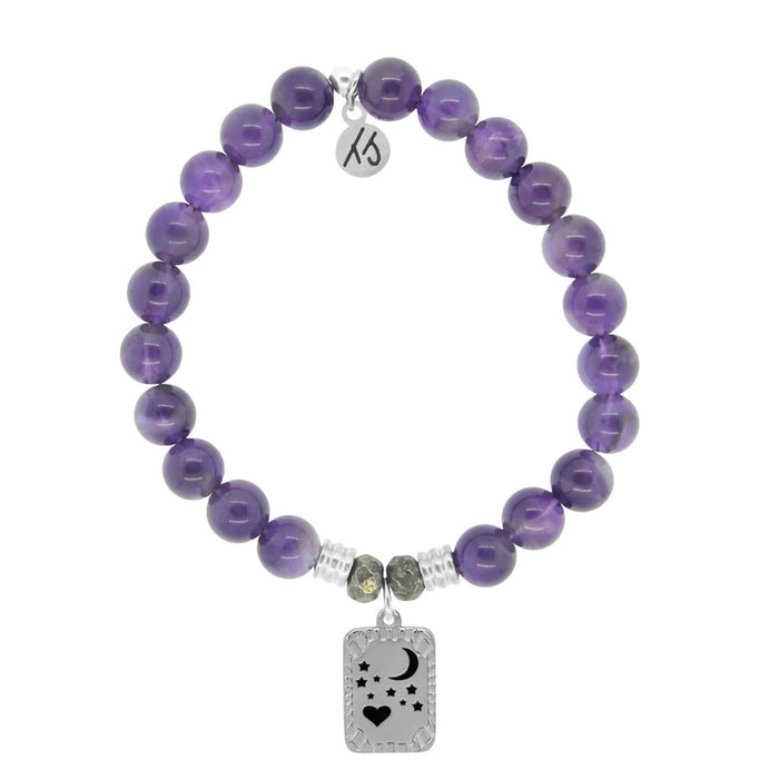 T. Jazelle : Amethyst Stone Bracelet with Moon and Back Sterling Silver Charm -