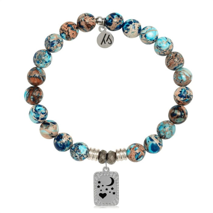 T. Jazelle : Earth Jasper Stone Bracelet with Moon and Back Sterling Silver Charm -