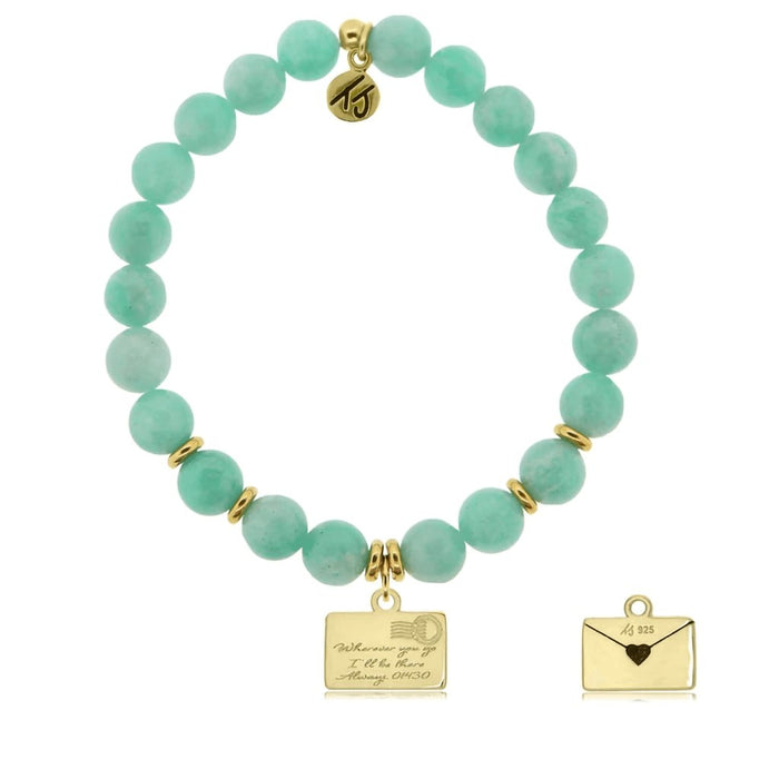 T. Jazelle : Gold Collection - Peruvian Amazonite Stone Bracelet with Love Letter Gold Charm -