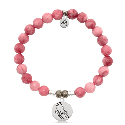 T. Jazelle : Pink Jade Stone Bracelet with Cardinal Sterling Silver Charm -