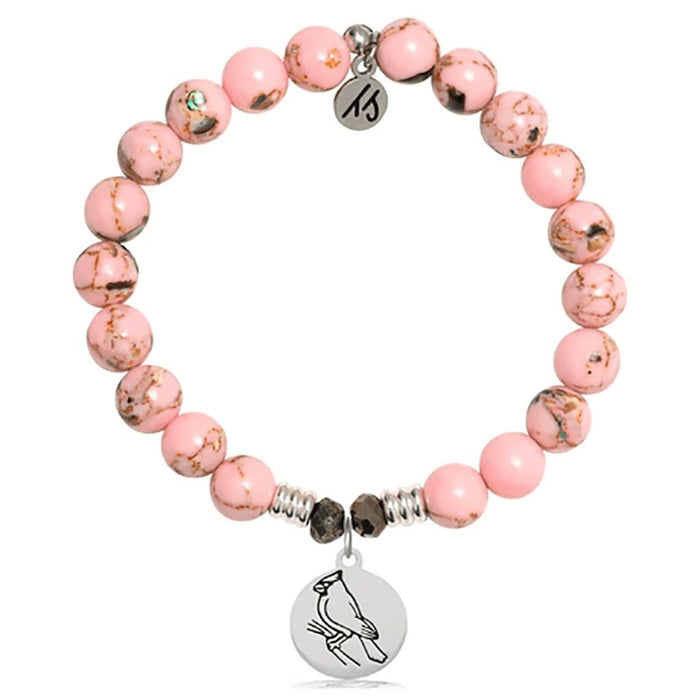 T. Jazelle : Pink Shell Stone Bracelet with Cardinal Sterling Silver Charm -