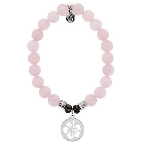 T. Jazelle : Rose Quartz Stone Bracelet with Hibiscus Flower Sterling Silver Charm -